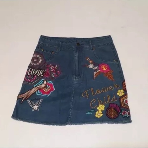 Spell & The Gypsy Flower Child Embroidered Denim Skirt Navy S - Picture 4 of 6